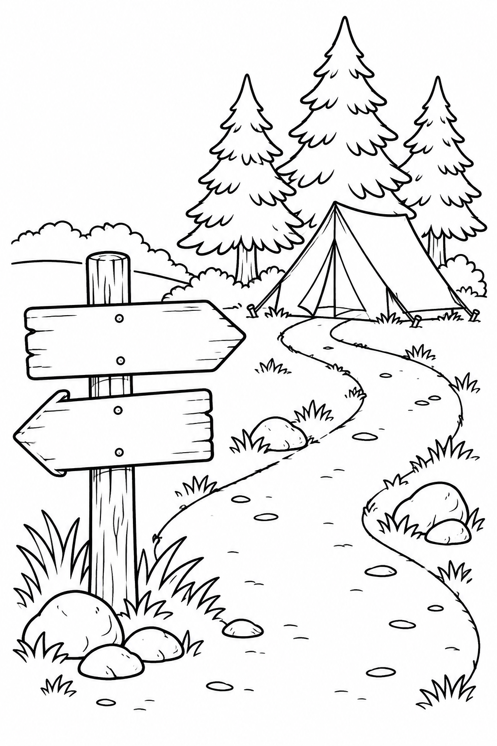 A blank two-arrow signpost stands beside a winding path leading to a tent among tall trees.