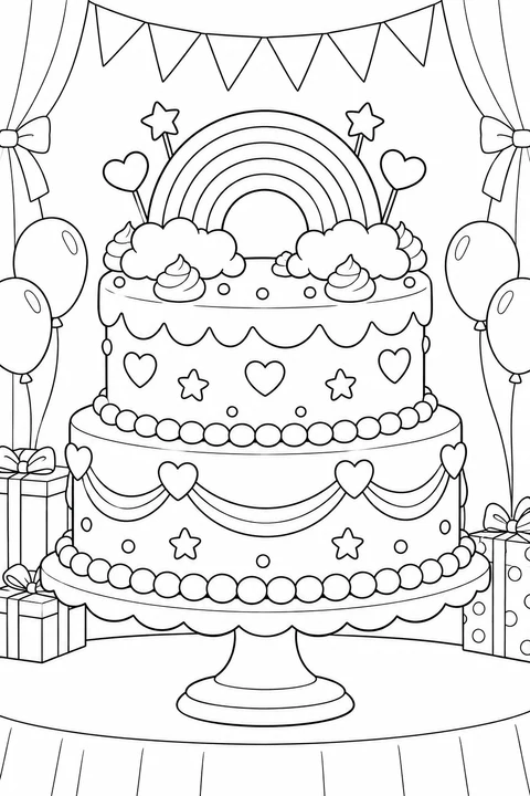 A rainbow arches between cloud decorations on a two-tier cake with hearts and stars.