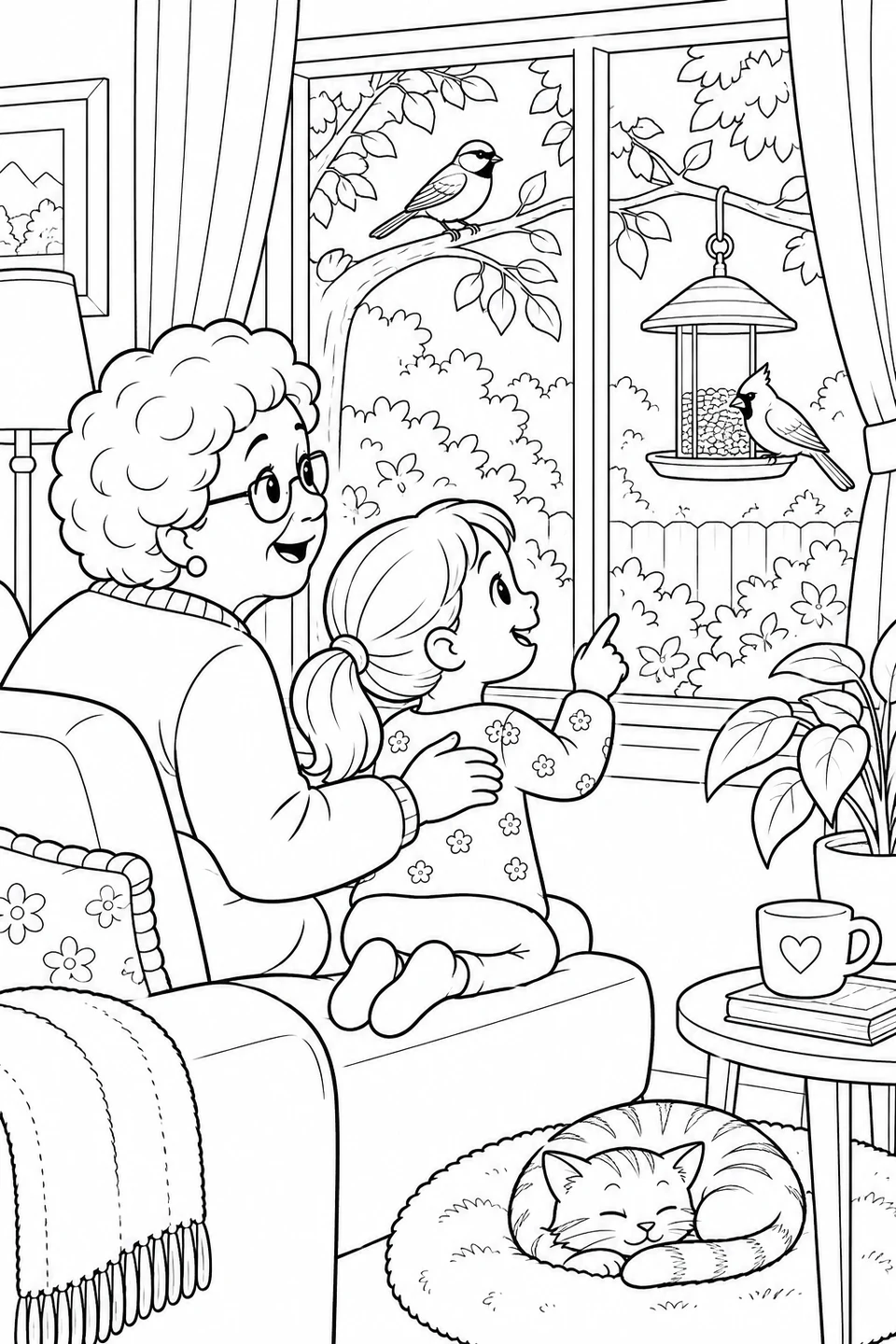 Grandma and a girl watch two birds through a window while a cat sleeps nearby.