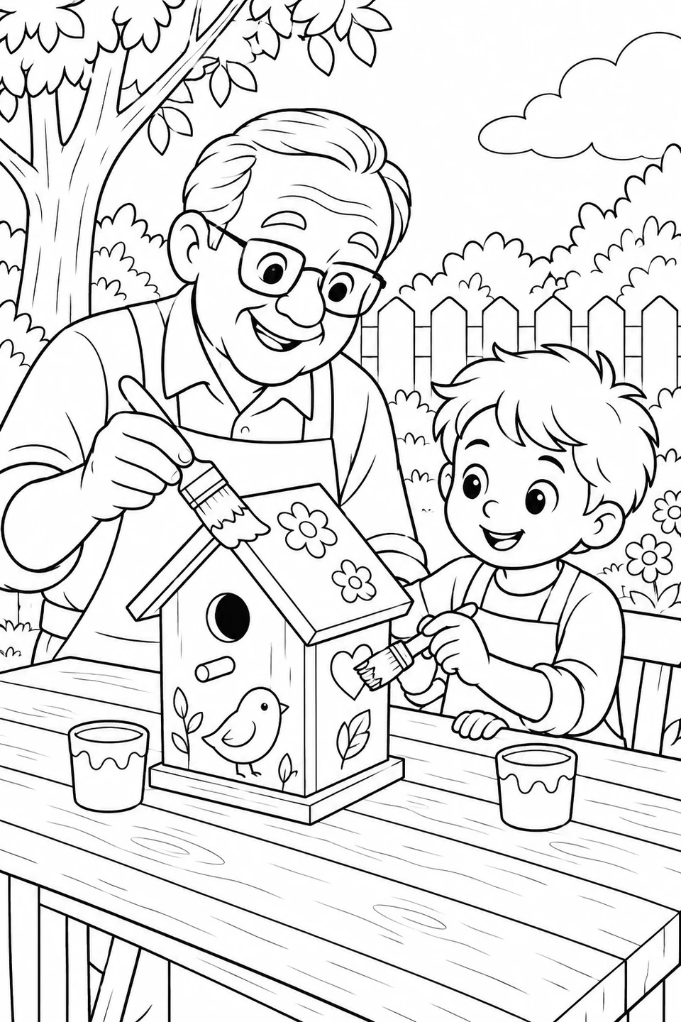 Grandpa and a boy paint a birdhouse decorated with flowers, a heart and a bird.