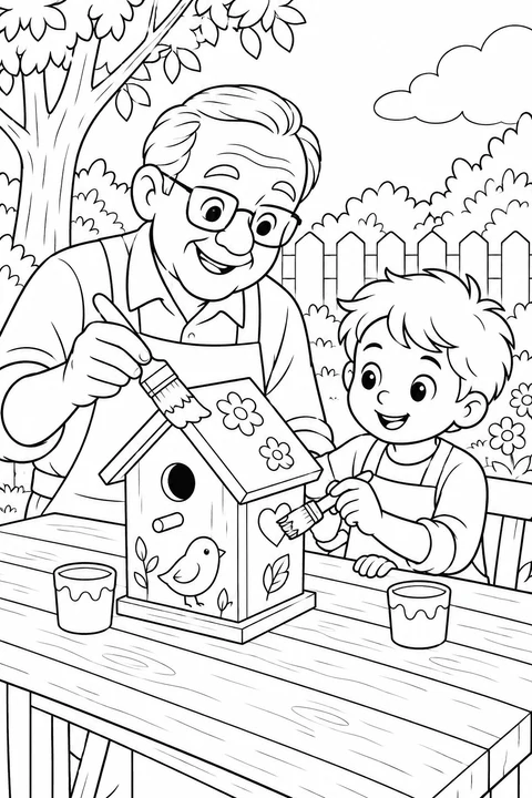 Grandpa and a boy paint a birdhouse decorated with flowers, a heart and a bird.