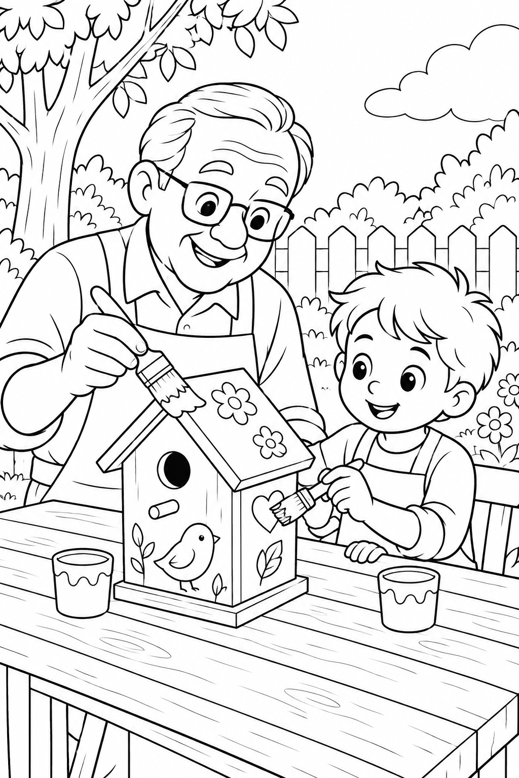 Grandpa and a boy paint a birdhouse decorated with flowers, a heart and a bird.