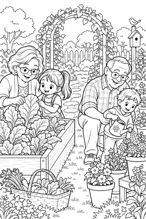 Grandparents and two children tend leafy vegetables and water potted flowers in a garden.