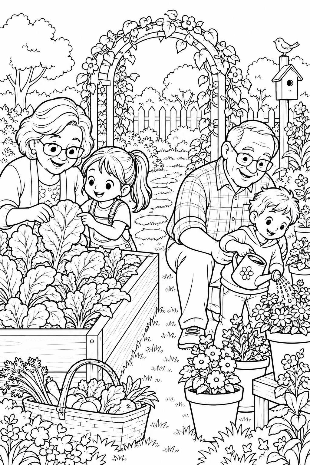 Grandparents and two children tend leafy vegetables and water potted flowers in a garden.