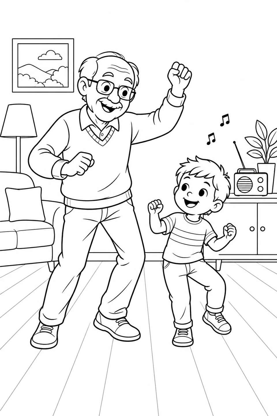 An adult with glasses and a moustache dances with a child beside a radio and music notes.