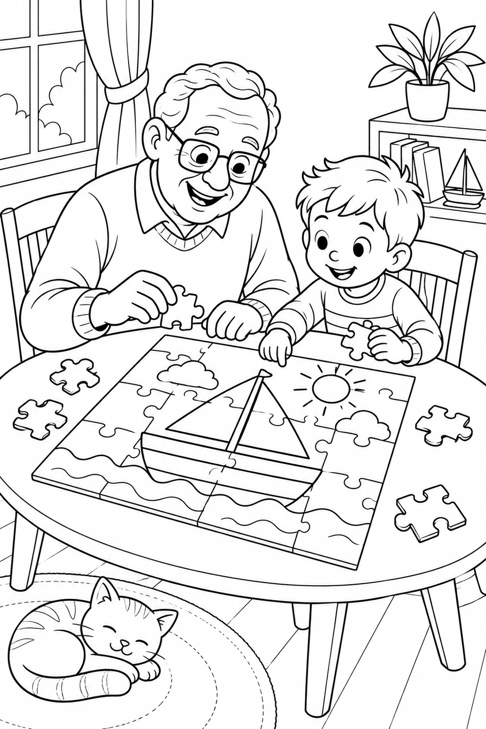 Grandpa and a boy hold pieces of a sailboat puzzle, with a cat curled up under the table.