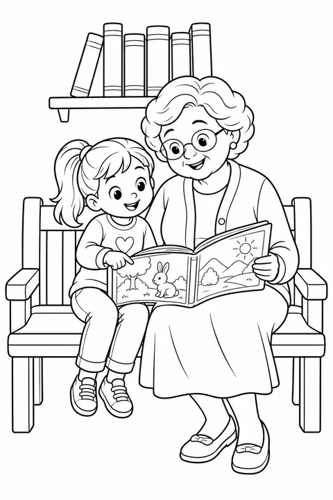 Grandma and a girl share an open picture book showing a rabbit and mountains.