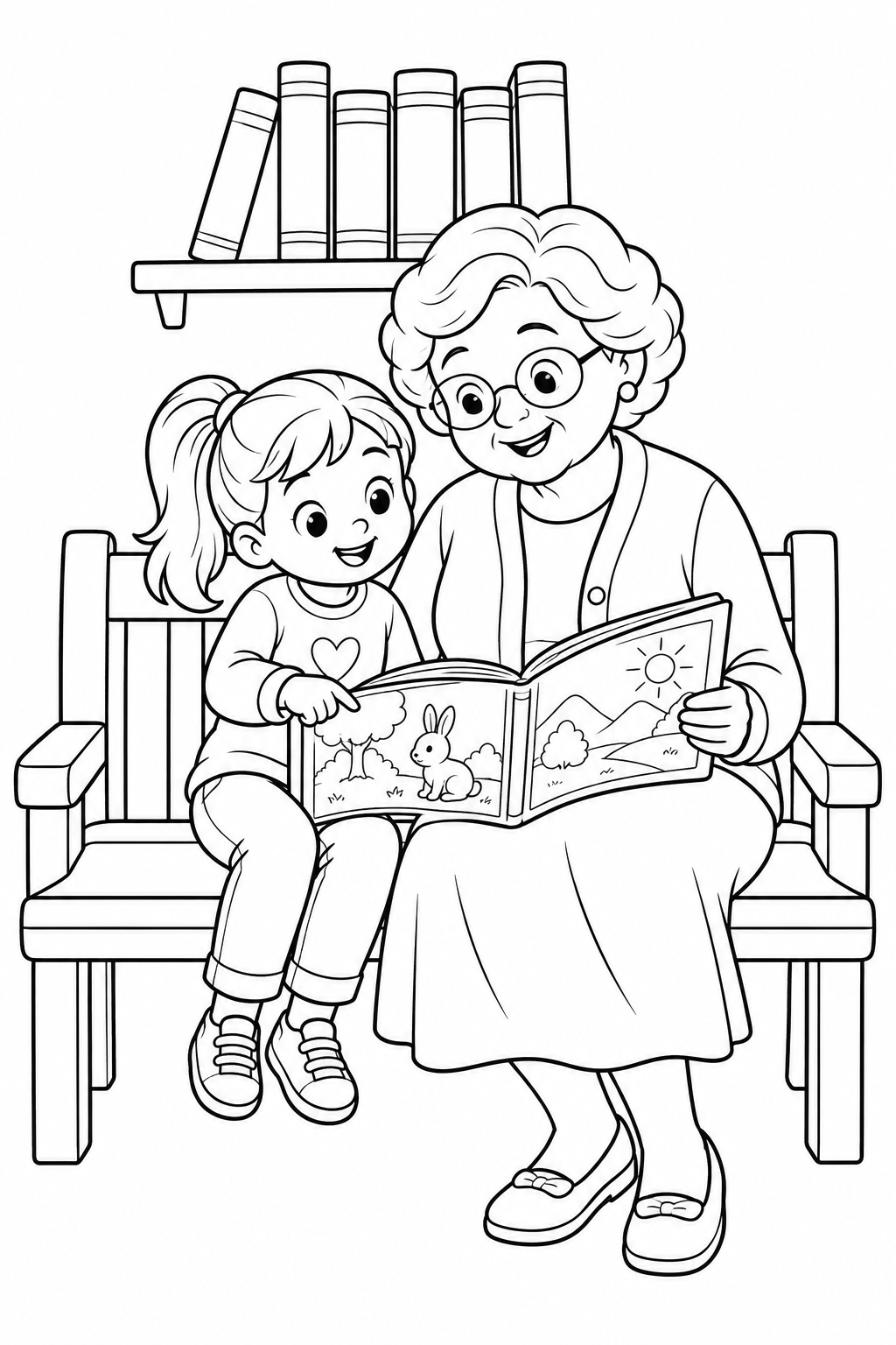 Grandma and a girl share an open picture book showing a rabbit and mountains.