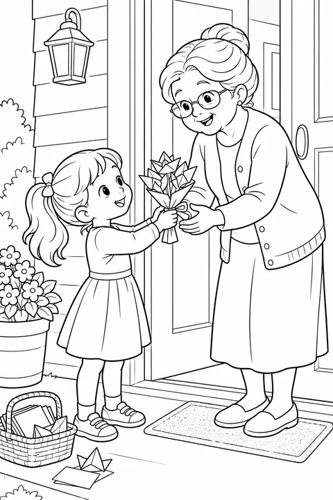 A girl gives Grandma a bouquet of folded paper flowers at the doorway.