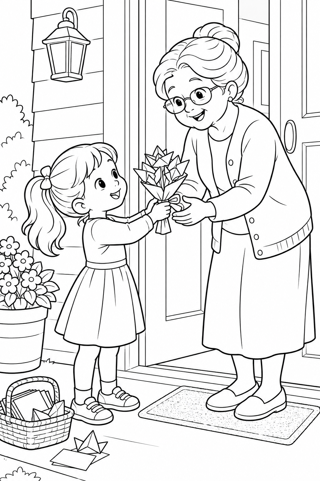 Une petite fille offre à sa grand-mère un bouquet de fleurs en papier plié sur le pas de la porte.