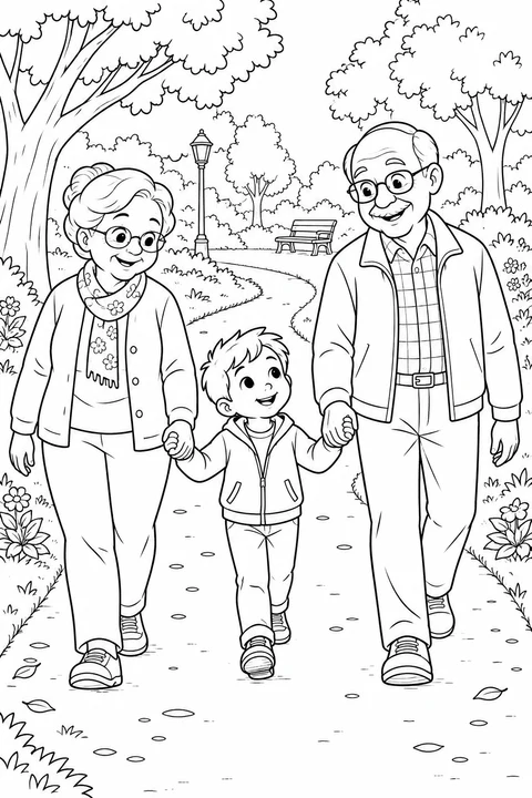 A boy walks hand in hand with his grandparents along a curving park path.
