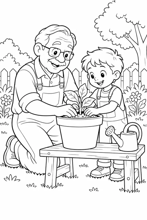 Grandpa and a boy plant a leafy seedling in a pot beside a watering can.