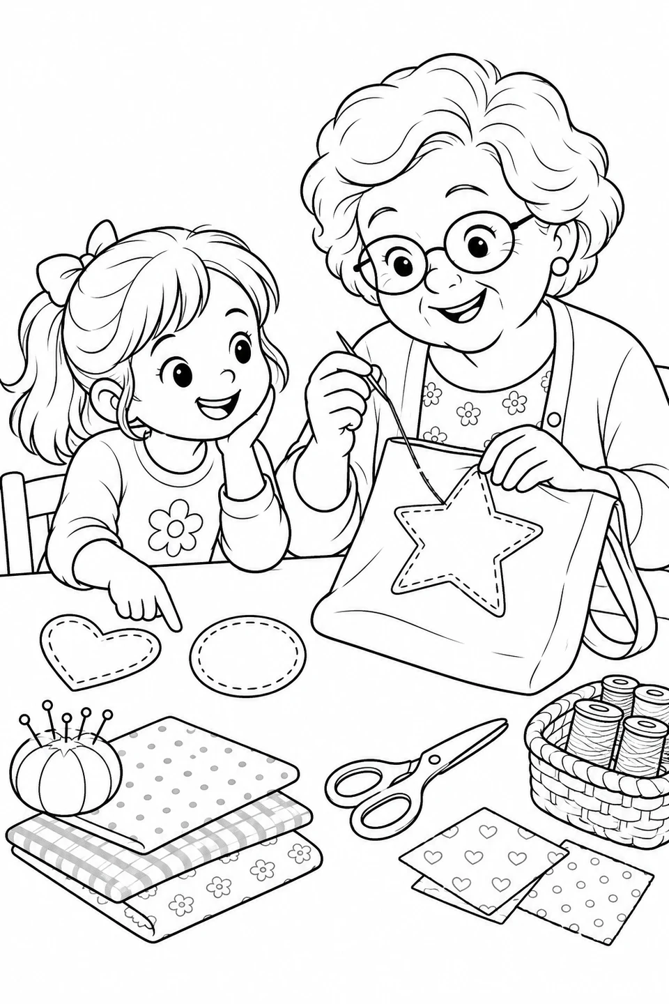 Grandma sews a star patch onto a bag while a girl points to a heart-shaped patch.