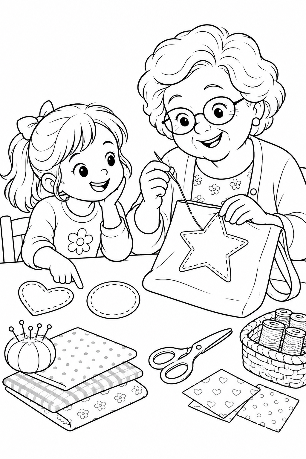 Grandma sews a star patch onto a bag while a girl points to a heart-shaped patch.