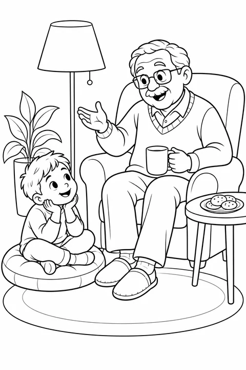 Grandpa tells a story from an armchair while a boy listens on a floor cushion.