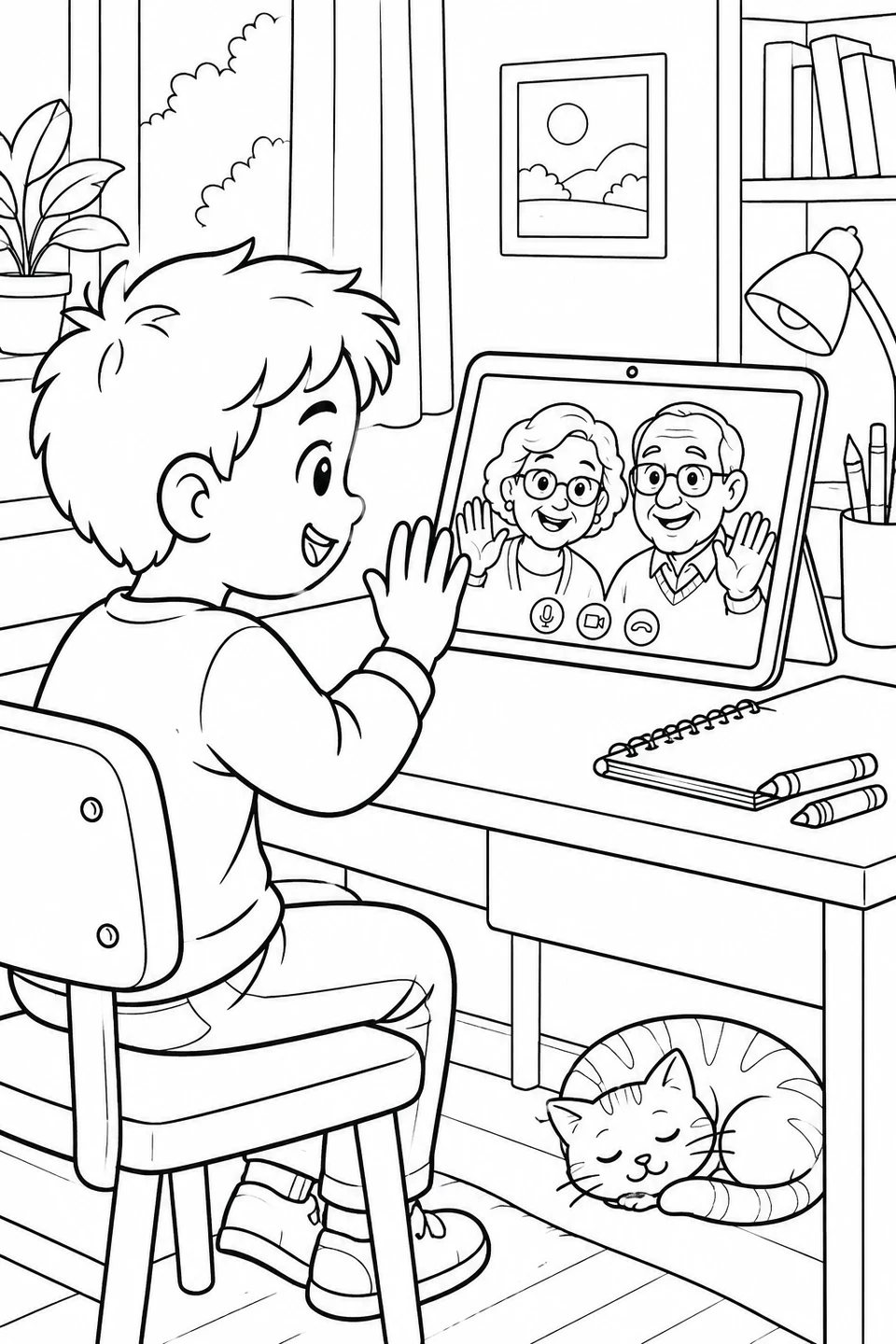 A boy waves to his grandparents on a tablet screen, with a cat asleep under the desk.