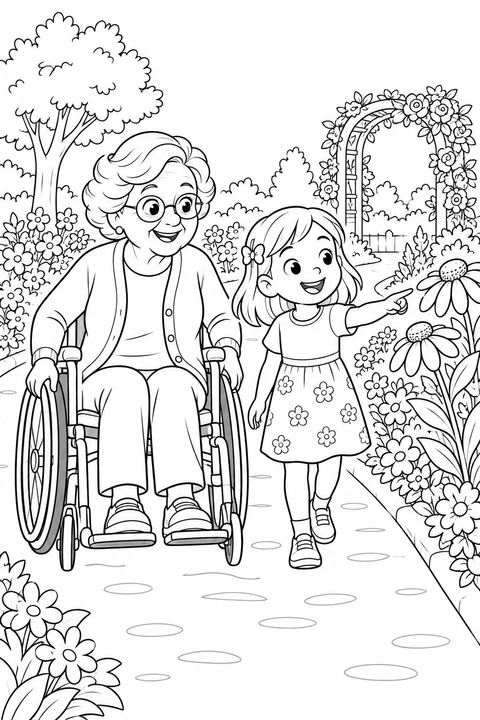 A girl points to a flower beside Grandma in a wheelchair on a garden path.