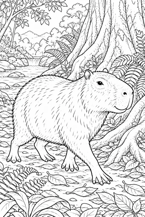 A capybara walks along a woodland trail among large tree roots near the river.