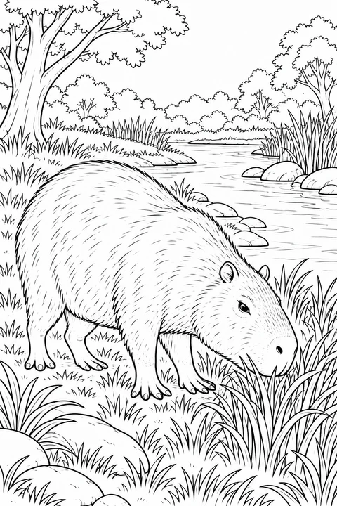 A capybara lowers its broad muzzle to graze in a grassy meadow beside a winding river.