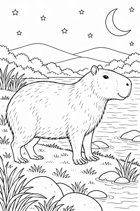 A capybara stands beside a quiet river beneath a crescent moon and stars, with grassy banks and distant hills.