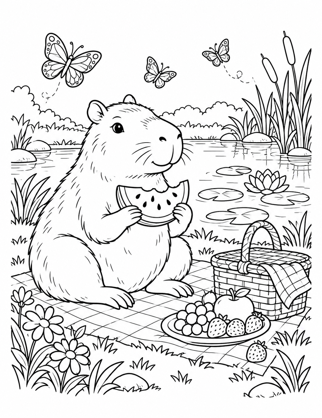 A capybara eats watermelon beside a picnic basket, fruit, lily pads and butterflies.