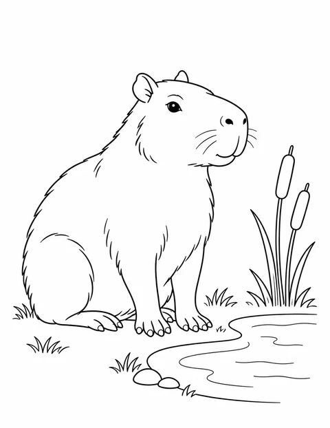 A capybara sits beside a pond with reeds and a few stones.