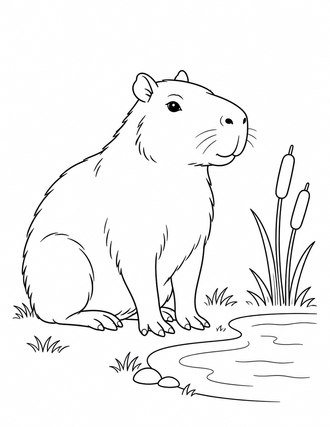 A capybara sits beside a pond with reeds and a few stones.