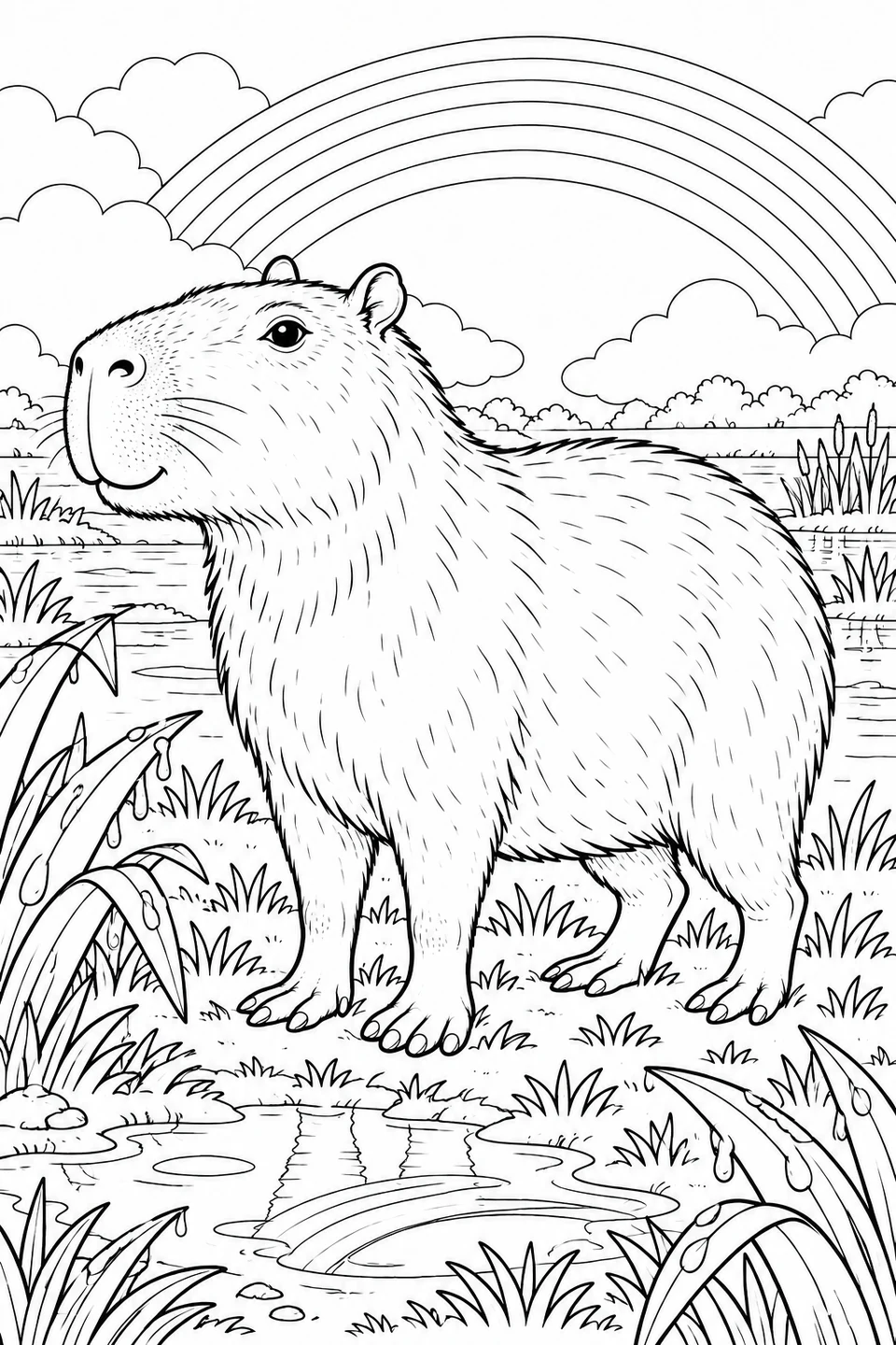 A capybara stands among wet leaves and puddles beneath a wide rainbow over the wetlands.