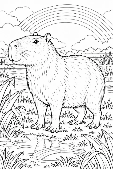 A capybara stands among wet leaves and puddles beneath a wide rainbow over the wetlands.
