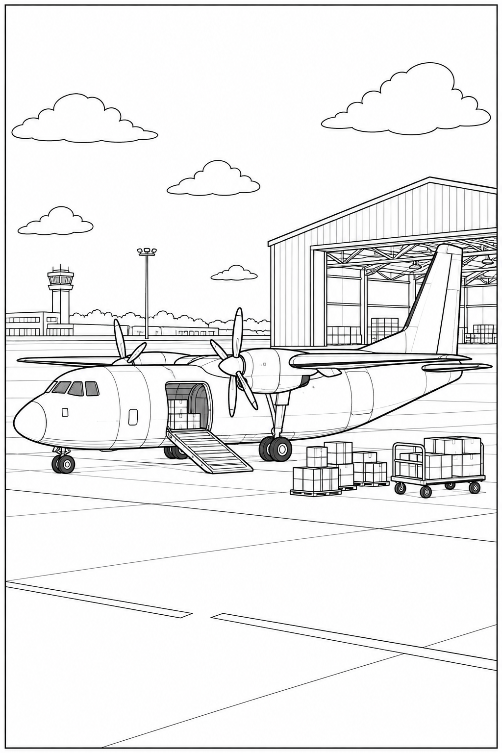 Ein Frachtflugzeug hat eine offene seitliche Ladetür und eine Rampe, daneben stehen Pakete und ein Wagen.