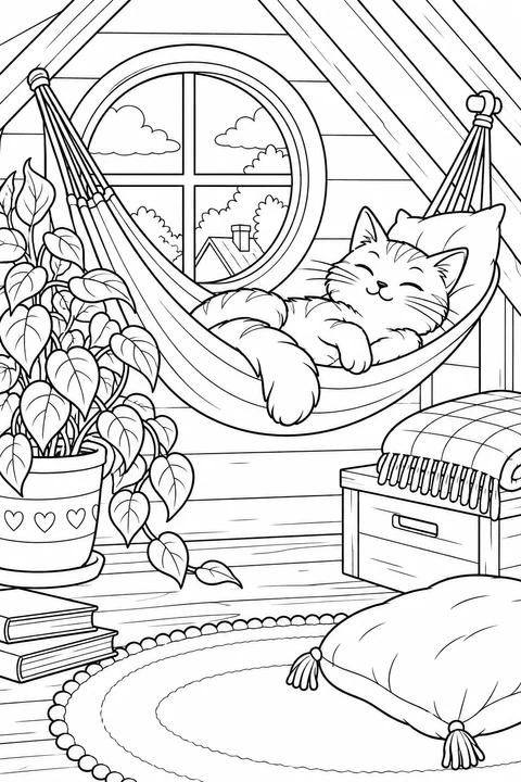 A cat relaxes in a hammock beside a round attic window and a leafy plant.