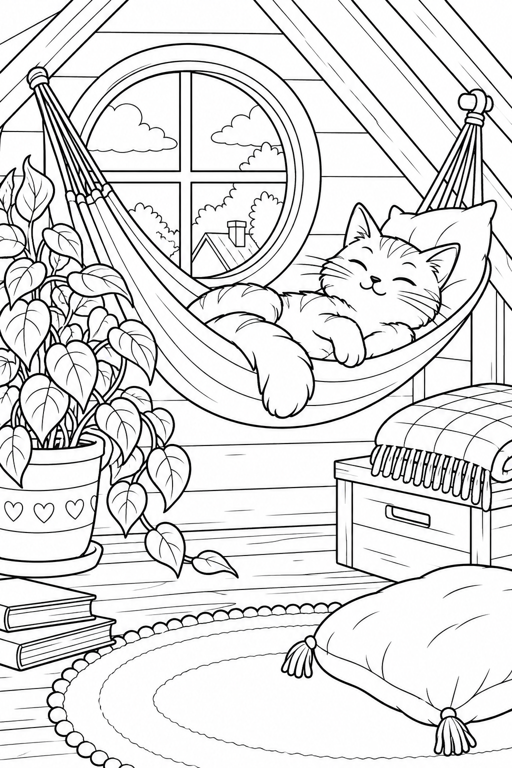 A cat relaxes in a hammock beside a round attic window and a leafy plant.