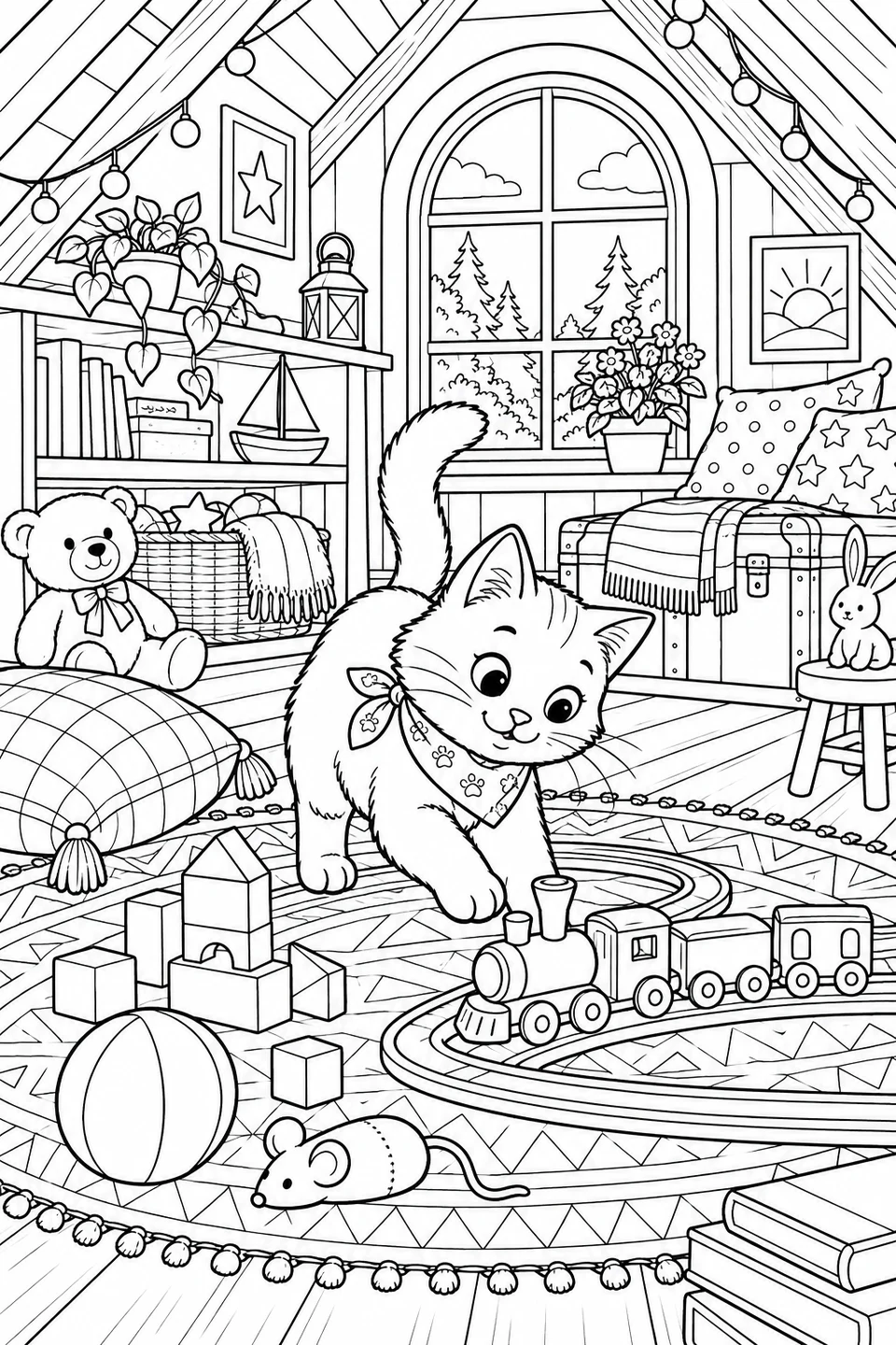 A cat explores an attic playroom with a toy train, blocks and a patterned rug.