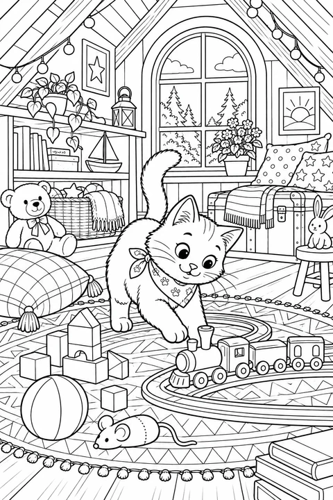 A cat explores an attic playroom with a toy train, blocks and a patterned rug.