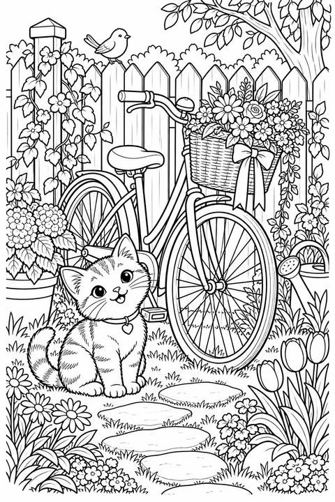 A kitten sits beside a bicycle with a flower basket near a garden fence.