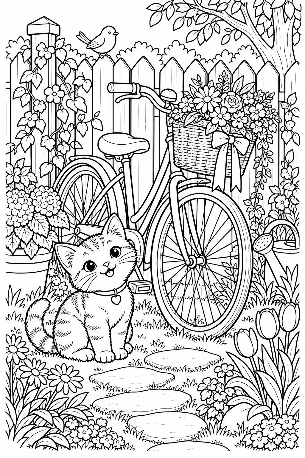 A kitten sits beside a bicycle with a flower basket near a garden fence.