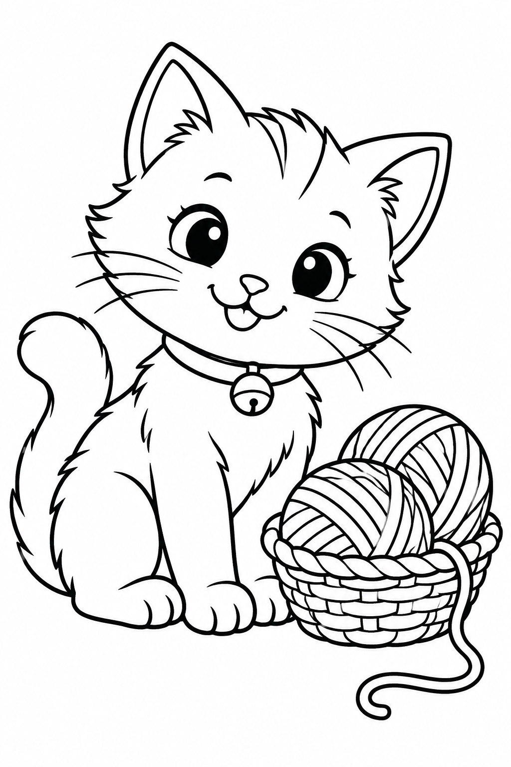 A curious kitten sits beside a basket of yarn balls.