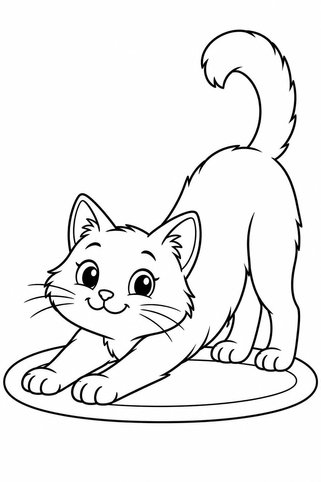 A friendly cat stretches its front paws on an oval rug.