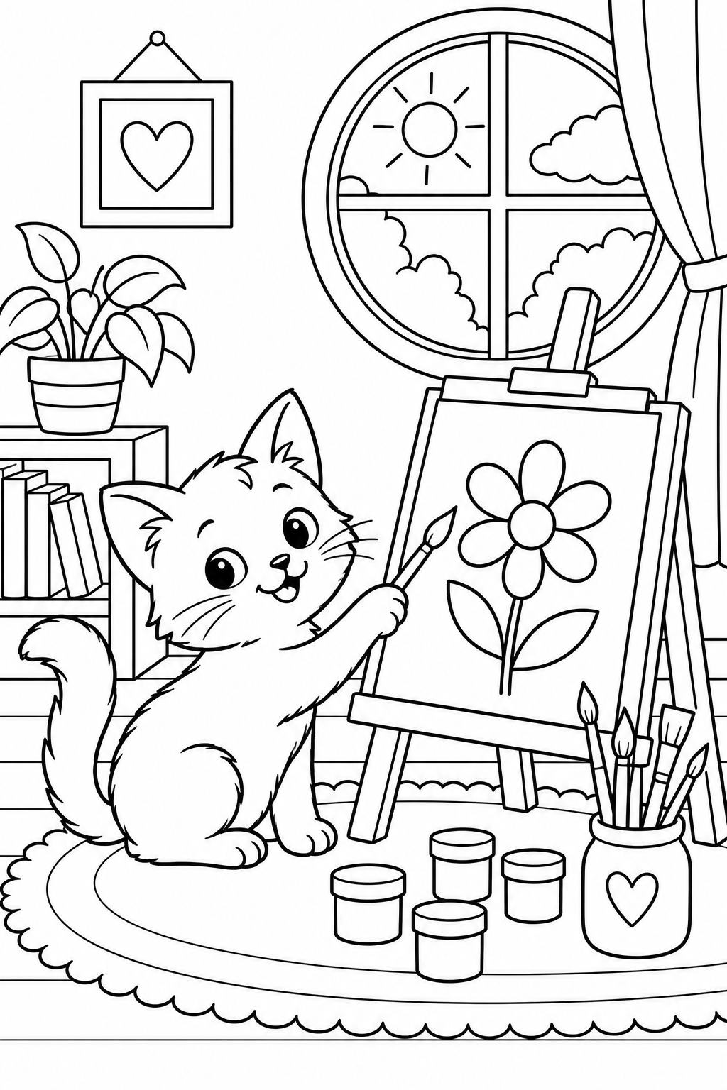 A kitten sits near an easel, paintbrushes and a round window.