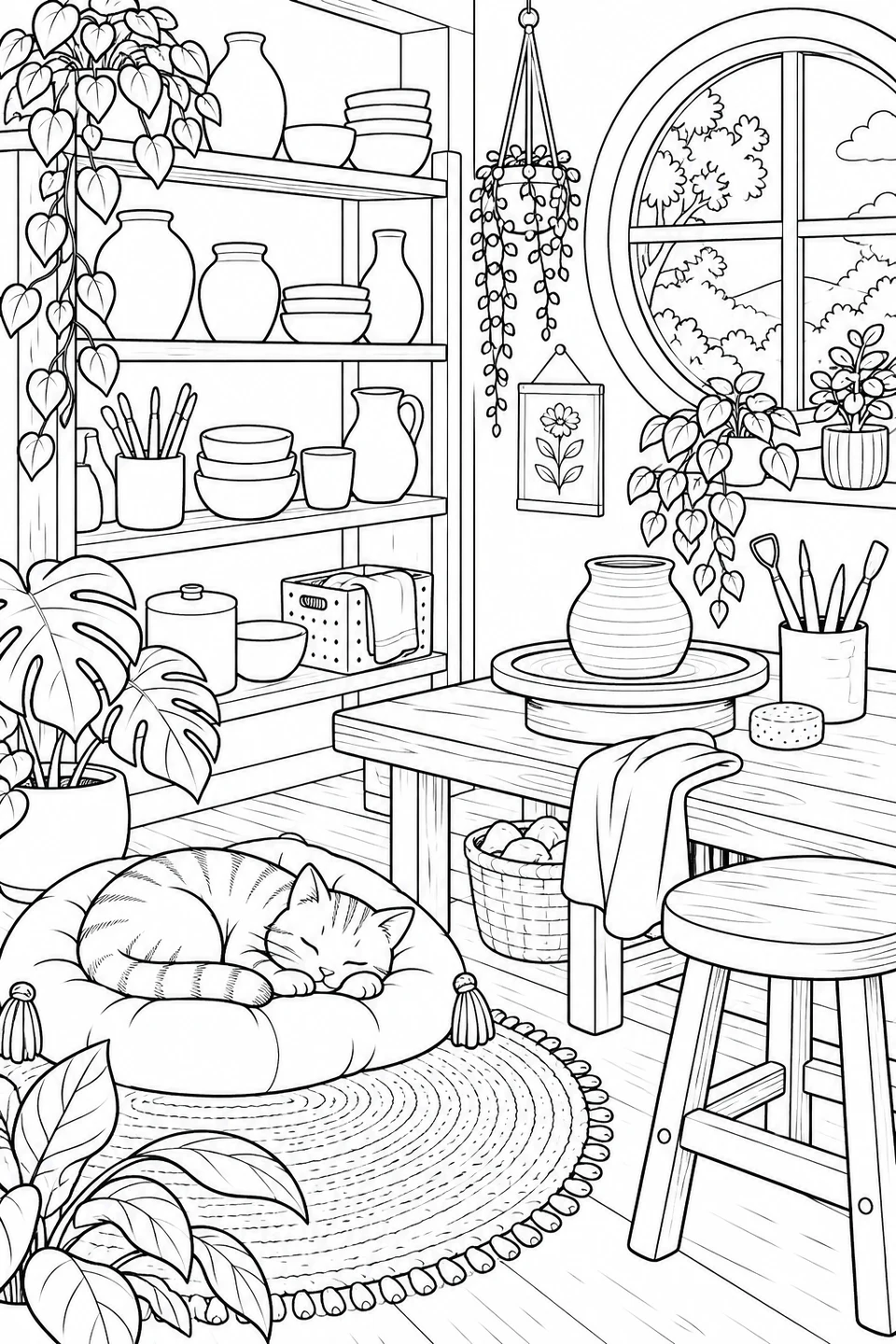 器の棚や作業台、植物のそばで、猫がすやすや眠っています。