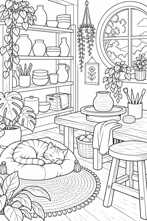 A cat sleeps beside pottery shelves, a worktable and plants.