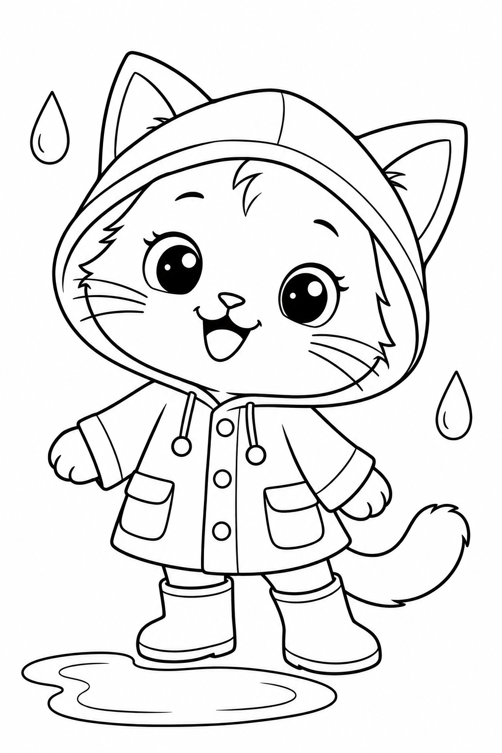 A cheerful kitten in a hooded raincoat stands beside a puddle.