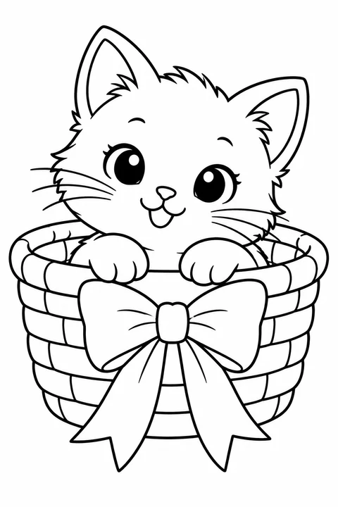A little kitten peeks out of a basket with a big bow.