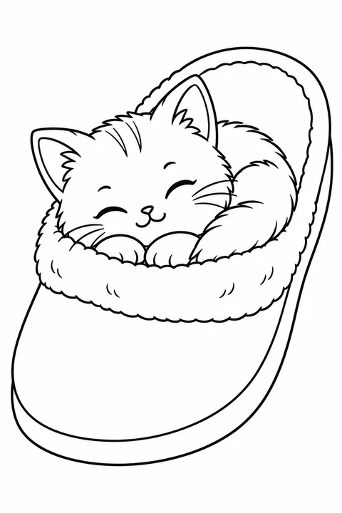 A tiny kitten curls up inside a big soft slipper.