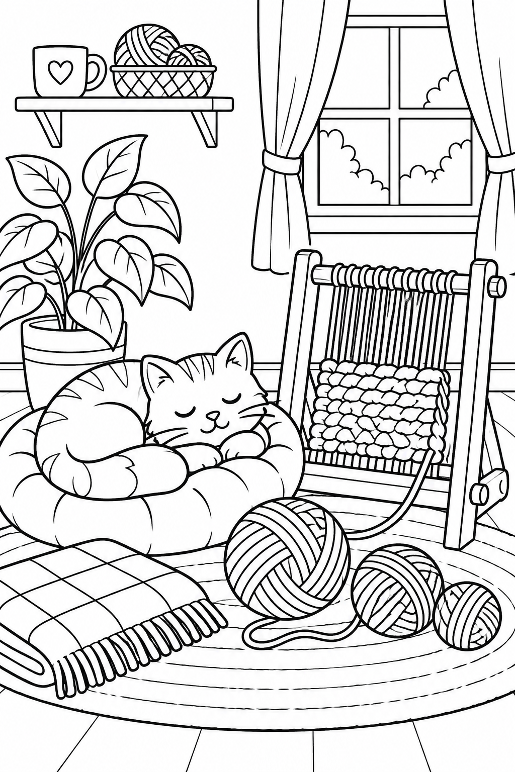 A sleepy cat rests beside a loom, yarn and a leafy plant.