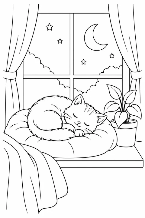 A kitten naps on a windowsill cushion beside a leafy plant, with the moon outside.