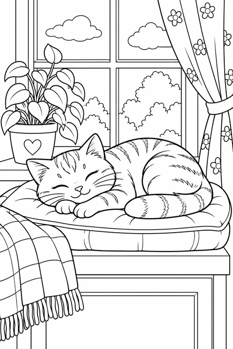 A cat sleeps on a window cushion beside a plant and patterned curtains.