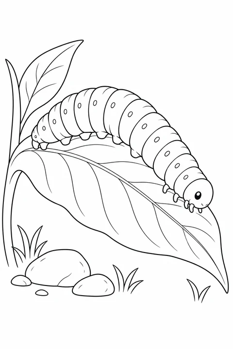 A spotted caterpillar arched over a leaf above pebbles and grass.
