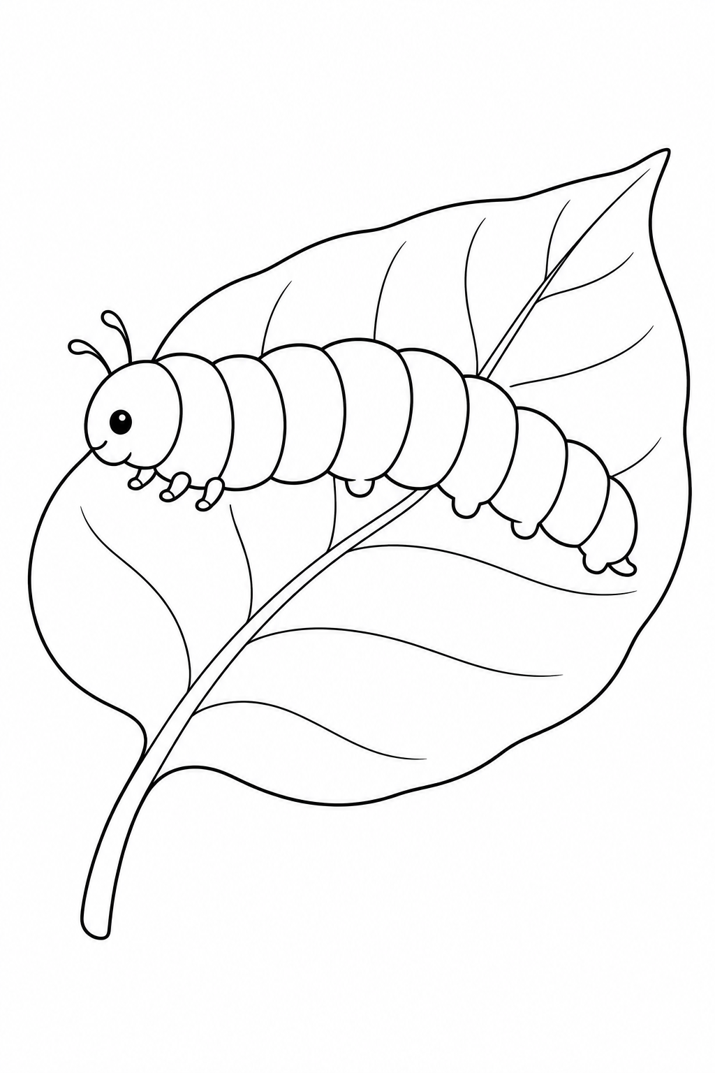 Een rups op een breed blad met een middennerf en gebogen zijnerven.