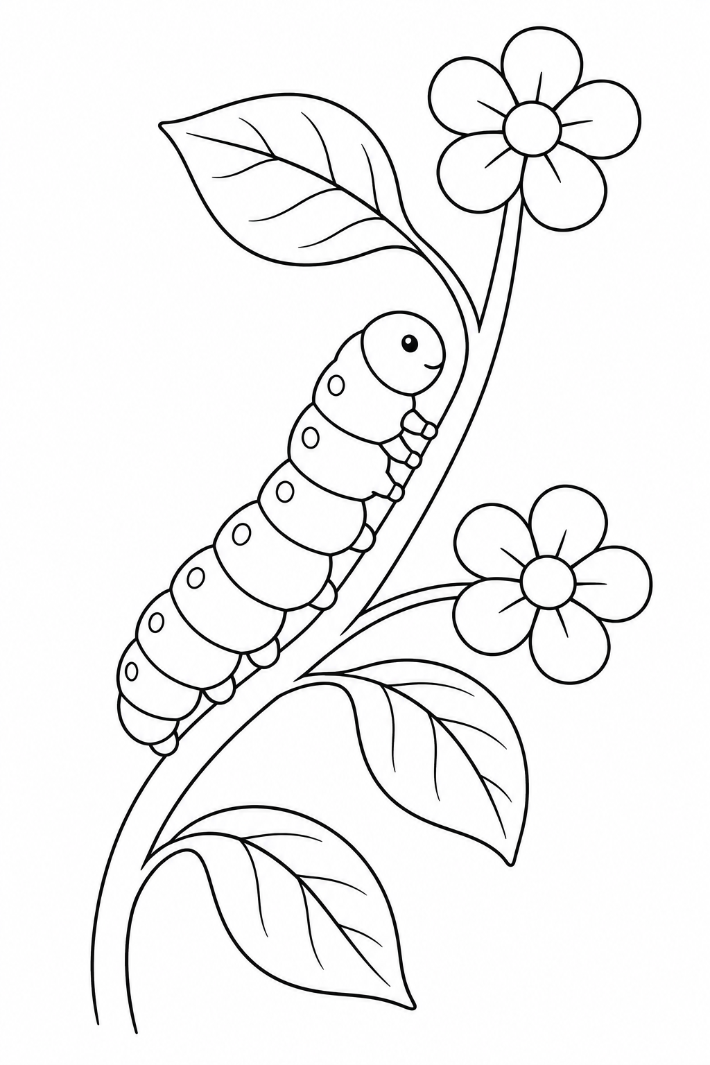 One spotted caterpillar on a curved stem with two flowers and three leaves.